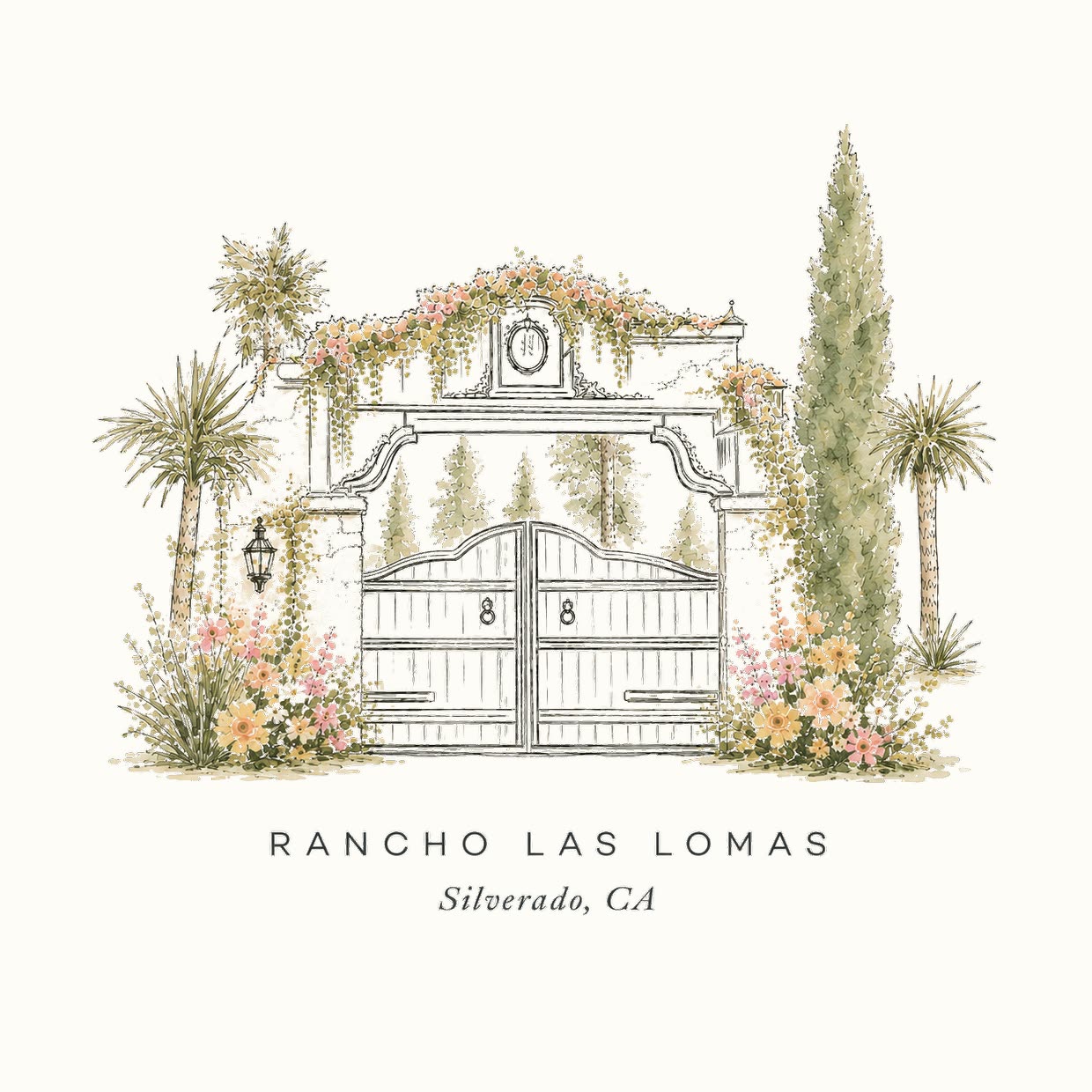 Illustration of the gates of Rancho Las Lomas, Silverado, California